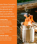 Campfire 2 Pot Wood Burning Camping Stove Set For 4 Plus People Outdoor Kitchen Kit with visible flames on stove.