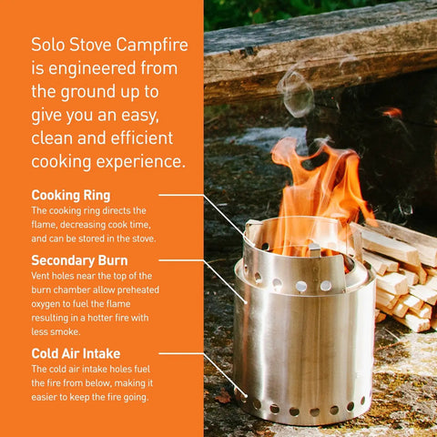 Campfire 2 Pot Wood Burning Camping Stove Set For 4 Plus People Outdoor Kitchen Kit with visible flames on stove.