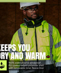 Man wearing Hi Vis Bomber Safety Jacket For Men Waterproof Reflective ANSI Class 3 Winter Rain Coat With Detachable Hood