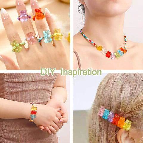 400Pcs Gummy Bear Acrylic Beads Transparent 12x8mm for jewelry making shown in rings, bracelet, necklace, and hair clip.