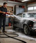 Man using Beast Pressure Washer Gun And Hose Kit With 30 Foot Kink Resistant Hose And 3600 PSI Cleaning Power M22 14 Fittings on car
