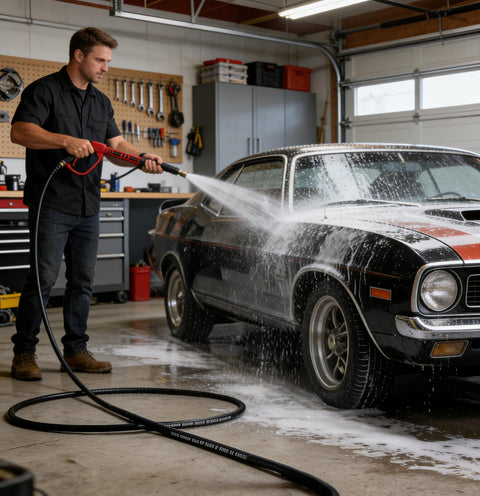 Man using Beast Pressure Washer Gun And Hose Kit With 30 Foot Kink Resistant Hose And 3600 PSI Cleaning Power M22 14 Fittings on car