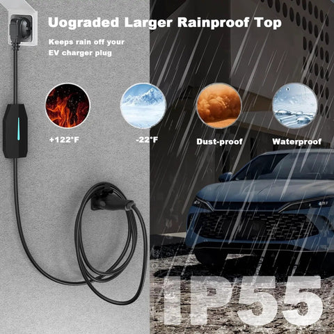 Slick Wall Mount EV Charger Holder For J1772 Plugs And Connectors Cord Organizer with rainproof top, installed on a wall.