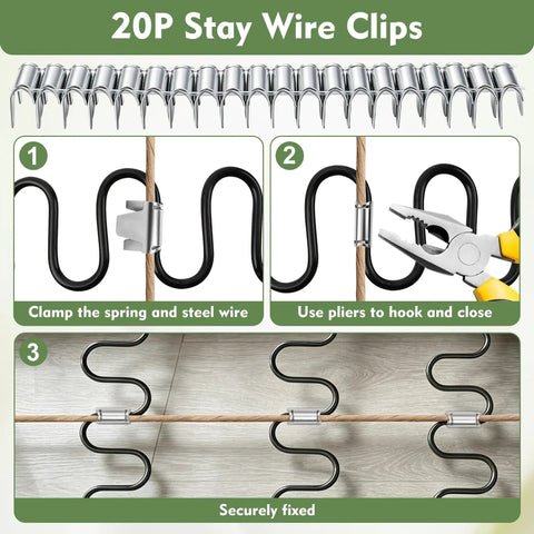 20P Stay Wire Clips for Four Pack Heavy Duty Couch Spring Repair Kit To Fix Saggy Sofas with installation steps shown.