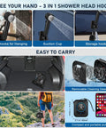 Rechargeable Camping Shower With 8000mAh Battery, 5 Speed Settings And 4 Spray Modes, LED Display, IPX8 Waterproof Outdoor Shower Kit shown with 3-in-1 shower head.
