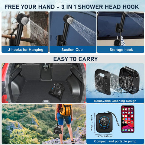 Rechargeable Camping Shower With 8000mAh Battery, 5 Speed Settings And 4 Spray Modes, LED Display, IPX8 Waterproof Outdoor Shower Kit shown with 3-in-1 shower head.