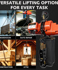 Beefy 2 In 1 Electric Chain Hoist With 2200 Lbs Pull Capacity And 20 Ft Lift featuring G80 steel chain lifting boxes in various settings.