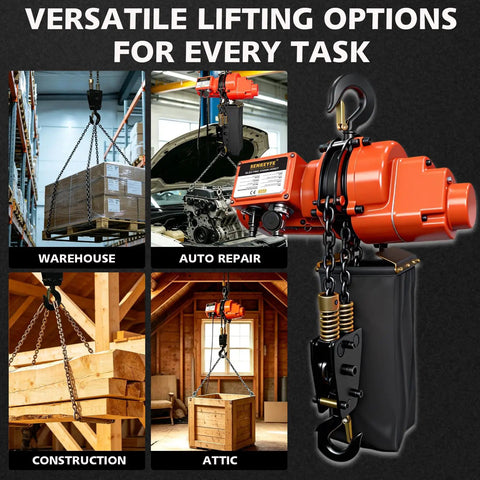 Beefy 2 In 1 Electric Chain Hoist With 2200 Lbs Pull Capacity And 20 Ft Lift featuring G80 steel chain lifting boxes in various settings.