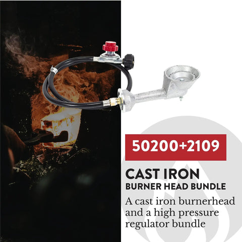High Pressure Cast Iron Round Burner Head With Brass Fitting Regulator And Four Foot Hose Included Universal Replacement For Outdoor Grills Griddles And Propane Stoves Supports 0 To 20 Psi shown on dark background