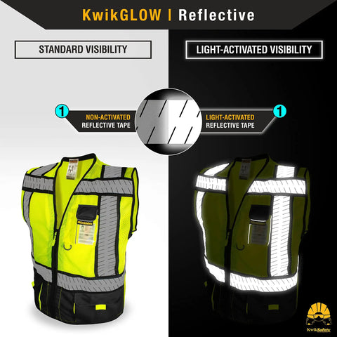 Hi Viz Safety Vest Class 2 ANSI OSHA Reflective Mesh With Multi Pocket Design Heavy Duty For Construction Surveyors And Truckers Black 2XL showcasing reflective properties under different lighting conditions.
