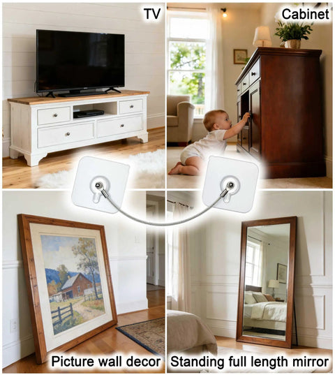 Easy Peasy 10 Pack 8 Inch Furniture Anchors Kit For Baby Proofing And Tv Safety Straps To Block Tipping Without Drilling Drywall For Dressers Cabinets And Wardrobes Now in use with a TV and a wooden cabinet.