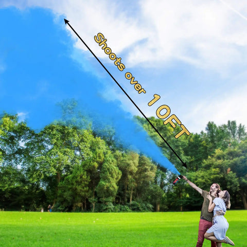 Couple using 2 Pack Gender Reveal Fire Extinguisher Party Props Rad Decor For Baby Shower, shoots eco-friendly confetti 10ft high.