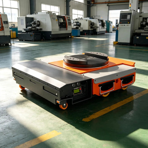 Heavy Duty Electric Transfer Cart With Trackless Design And Slick Wireless Remote Control For No Sweat Moving During Industrial Material Handling On A Rock Solid 360 Degree Rotating Turntable For Factory Warehouses in a factory setting.