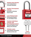 Red Lockout Padlocks Set Ten Keyed Alike With Two Keys Per Lock For Lockout Tagout Stations OSHA Compliant Premium Grade Use In Industrial Safety LOTO Ready For Everyday Use. Close-up features stainless steel shackle, thermoplastic body, laser-printed code.
