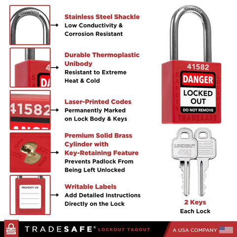 Red Lockout Padlocks Set Ten Keyed Alike With Two Keys Per Lock For Lockout Tagout Stations OSHA Compliant Premium Grade Use In Industrial Safety LOTO Ready For Everyday Use. Close-up features stainless steel shackle, thermoplastic body, laser-printed code.