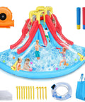 Double Dip Inflatable Water Slide Park For Backyard Fun With Two Slides Climbing Wall Splash Pool And Water Cannons Ideal For 3 To 10 Year Olds Durable Heavy Duty Construction Includes 520W Blower And Quick Setup Backyard Party Ready, showing children playing on slides and in splash pool