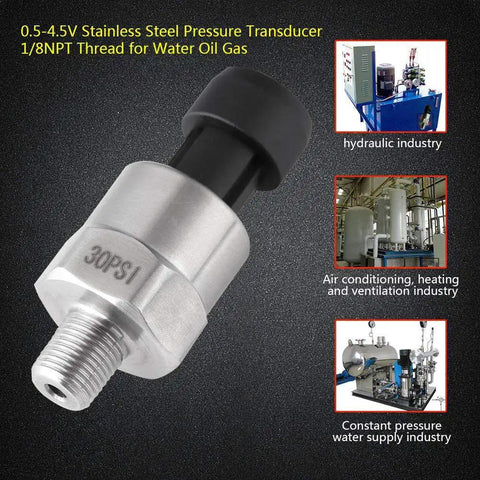 500 PSI Stainless Steel Pressure Transducer With One Eighth NPT Thread 0.5 To 4.5 Volt Output For Fuel Oil Air Water IP67 Rating