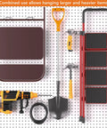 Heavy Duty Pegboard Hooks 12 Pack, 4 Inch Long, Fits Standard One Quarter Inch Pegboard Holes, Silver Metal Organizer for Garage displaying varied tools.