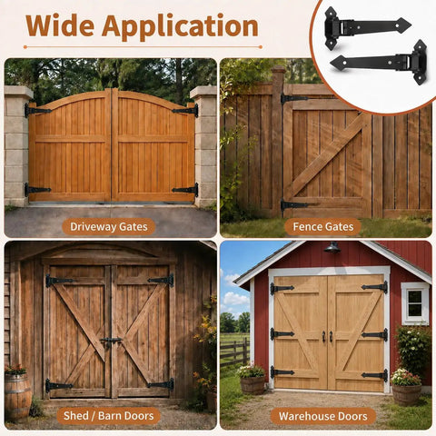 Heavy Duty Gate Hinges With 1100 Lbs Load Rating And Sealed Integrated Ball Bearings For Wooden Or Metal Driveway Gates shown on various gates.