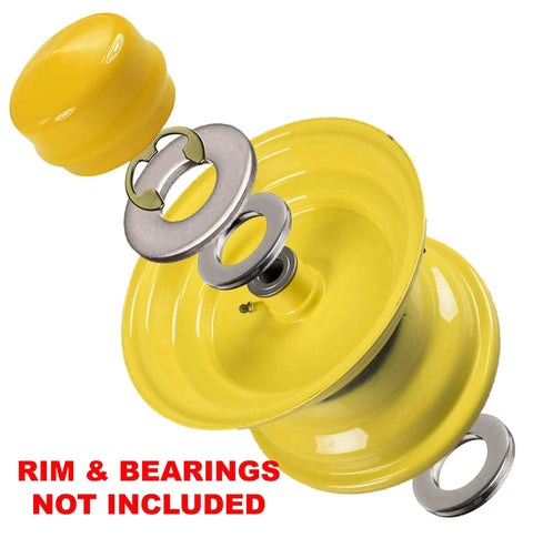 Front Wheel Bearing Hardware Kit 10Pc Beefed Up With Hubs Thrust Washers Hub Cap Retainer Washers And E Clips disassembled view