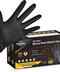 Top Tier Heavy Duty Black Nitrile Gloves 8 Mil Thick Build Real Deal Industrial Grip, hand wearing glove next to box.