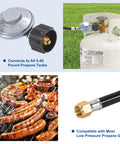 Six Feet Low Pressure Propane Regulator With CSA Certified LPG Hose For LP Gas Grills Heaters And Fire Pits Type1 QCC1 Compatible Outdoor Cooking Camping Tailgating showing connections to propane tank and grill