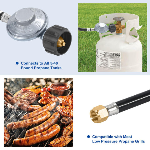 Six Feet Low Pressure Propane Regulator With CSA Certified LPG Hose For LP Gas Grills Heaters And Fire Pits Type1 QCC1 Compatible Outdoor Cooking Camping Tailgating showing connections to propane tank and grill