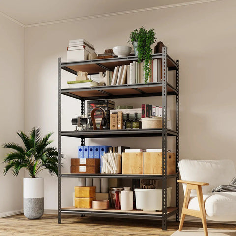 Heavy Duty 5 Tier Metal Shelving Rack Rock Solid Garage Storage Rig With Reinforced Steel Frame built tough for organized tools.