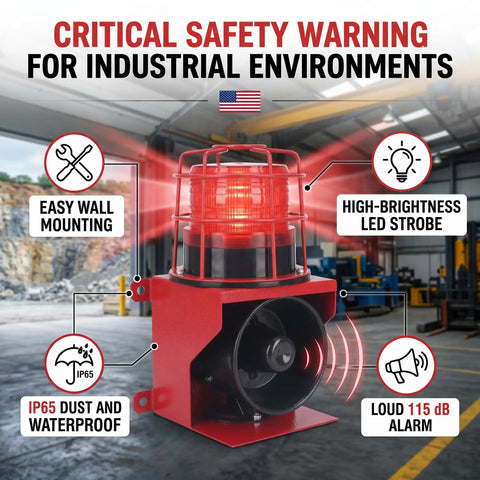 Hardhat Ready Job Site Beast With 115 Decibel Loud Horn And IP65 Waterproof LED Strobe Light For Mine Quarry Construction Emergency Sound Visual Warning Alarm Beacon