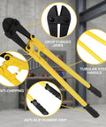 18 Inch Heavy Duty Bolt Cutter With Forged Steel Jaws And A Beefy Ergonomic Rubber Grip For Easy Leverage And Quick Cuts Through Chain Wire Bolts Rivets Fencing And Medium Padlocks, tubular steel handle