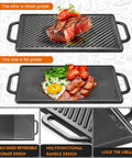 Reversible Cast Iron Grill Griddle With Double Sided Grill Pan For Gas Grills And Stove Tops 13 Inch By 8 Inch Ribbed and Flat Plate