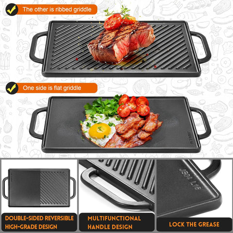 Reversible Cast Iron Grill Griddle With Double Sided Grill Pan For Gas Grills And Stove Tops 13 Inch By 8 Inch Ribbed and Flat Plate