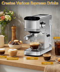No Fuss Barista Style Shots At Home With This Compact Stainless Steel Espresso Maker Featuring 20 Bar Pressure Integrated Steam Frother And Roomy 45 Oz Water Tank For Silky Lattes on kitchen counter making espresso drinks.