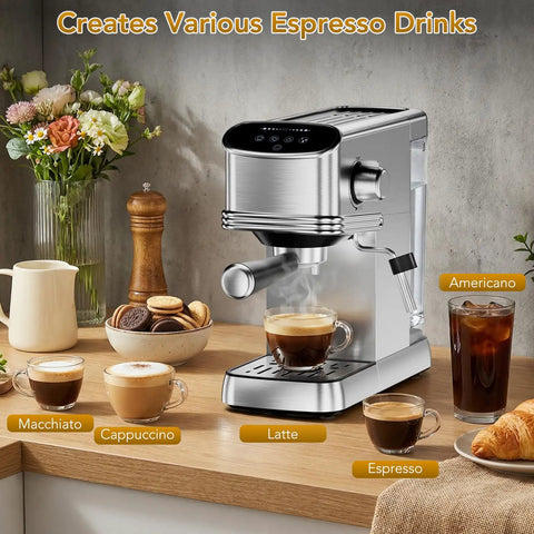 No Fuss Barista Style Shots At Home With This Compact Stainless Steel Espresso Maker Featuring 20 Bar Pressure Integrated Steam Frother And Roomy 45 Oz Water Tank For Silky Lattes on kitchen counter making espresso drinks.