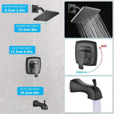 Diagram of Single-Handle Tub And Shower Faucet Set With Pressure-Balancing Valve Included, Matte Black Bathroom Shower System with Touch-Clean Shower Head and Tub Spout