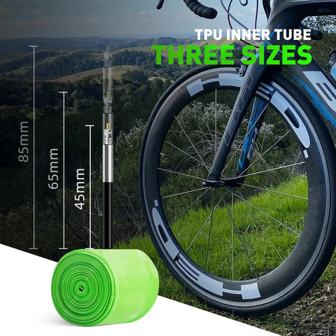 TPU Inner Tube 700C To 47C And 29 Inch MTB Gravel Tire Tube With 45mm Presta Valve displayed with bike wheel on grassy trail