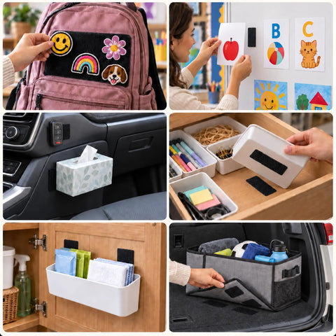 Heavy Duty Hook And Loop Fasteners Double Sided Adhesive Tape Peel And Stick Wall Storage No Drill Needed Holds Like A Champ For Pictures Keys Cables And Gear 48 Pair Roll used for organizing items in various locations.