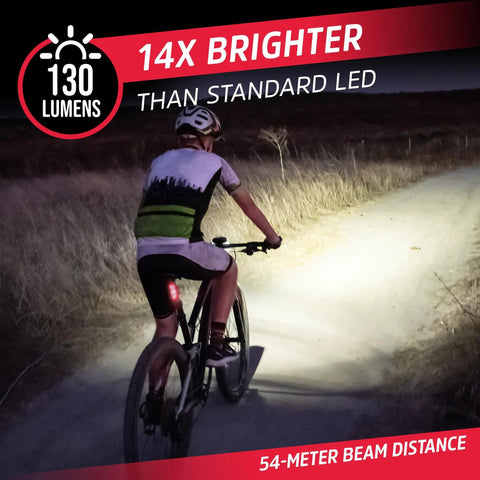 Person cycling with 130 lumen front and rear bike light set, 220 degree rear visibility, weather resistant for road and mountain bikes.
