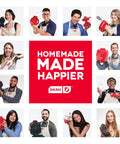Group of people in aprons showcasing various Dash kitchen appliances with the slogan "Homemade Made Happier"