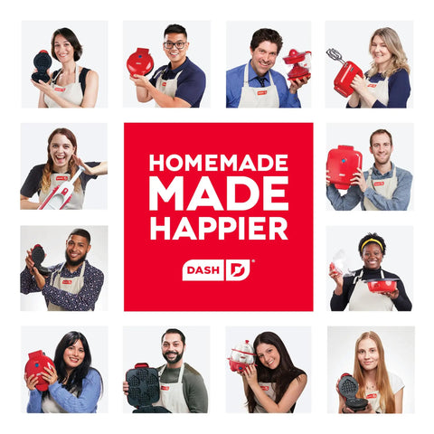 Group of people in aprons showcasing various Dash kitchen appliances with the slogan "Homemade Made Happier"