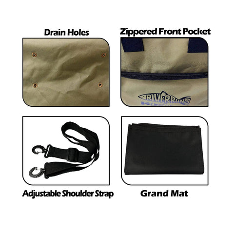 Vented Wader Bag With Mesh Panels For Fishing And Hunting, details of drain holes, zippered pocket, shoulder strap, and mat