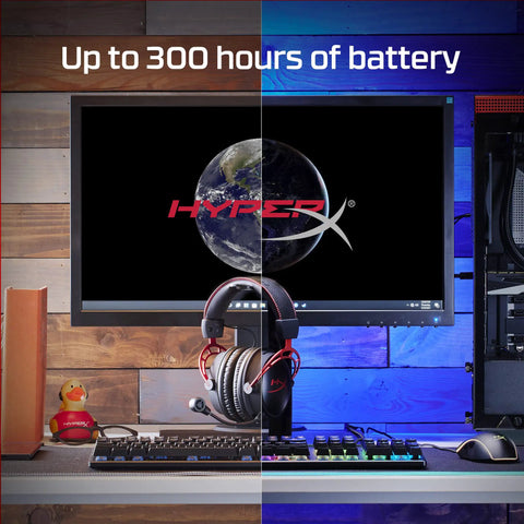 Cloud Alpha Wireless Gaming Headset on desk with monitor displaying earth image, highlighting 300-hour battery life feature.
