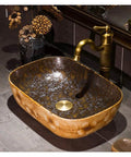 Slick Above Counter Bathroom Vessel Sink 16 Inch Rectangular Porcelain Basin With Tough Baked On Glaze, detailed floral design.