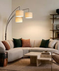 Trilage Arc Floor Lamp With Three Fabric Shades And LED Bulbs For A Lit Living Room Over Sofa Reading Area Multi Head Tree Style Standing Lamp In Oil Rubbed Bronze Ideal For Bedrooms And Hallways