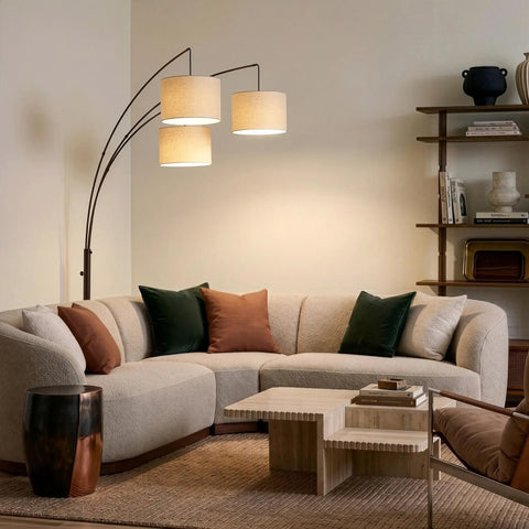 Trilage Arc Floor Lamp With Three Fabric Shades And LED Bulbs For A Lit Living Room Over Sofa Reading Area Multi Head Tree Style Standing Lamp In Oil Rubbed Bronze Ideal For Bedrooms And Hallways