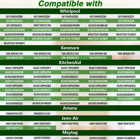 Ice maker bin temperature sensor compatibility chart showing Whirlpool, Kenmore, KitchenAid, Jenn-Air, Amana, Maytag models