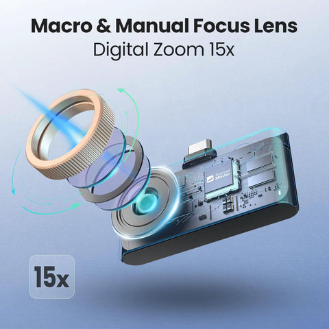 Dope Thermal Imaging Camera For iOS And Android with 8mm macro lens, manual focus, digital zoom 15x visible in the image.