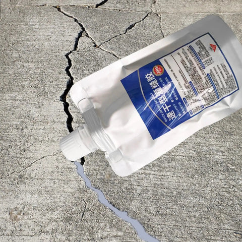 Heavy Duty Roof Sealant And Exterior Coating Delivers A Hella Tight Waterproof Barrier For Fast Crack Repairs With Zero Fuss On Interior Walls Floors And Roofs Around Any Home Or Garage, shown in pouch over concrete crack.