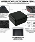 Rugged Outdoor Junction Box IP65 Weatherproof ABS Project Case With Two M24 Cable Glands Dustproof Black Electronics Enclosure For Outdoor Use Built To Last Electrical Housing For Outdoor Equipment 5.9 By 5.9 By 2.8 Inches, black ABS enclosure