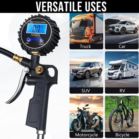 Digital Tire Pressure Gauge With Inflator 3 To 250 PSI Kit for Truck, Car, SUV, RV, Motorcycle, and Bicycle Use